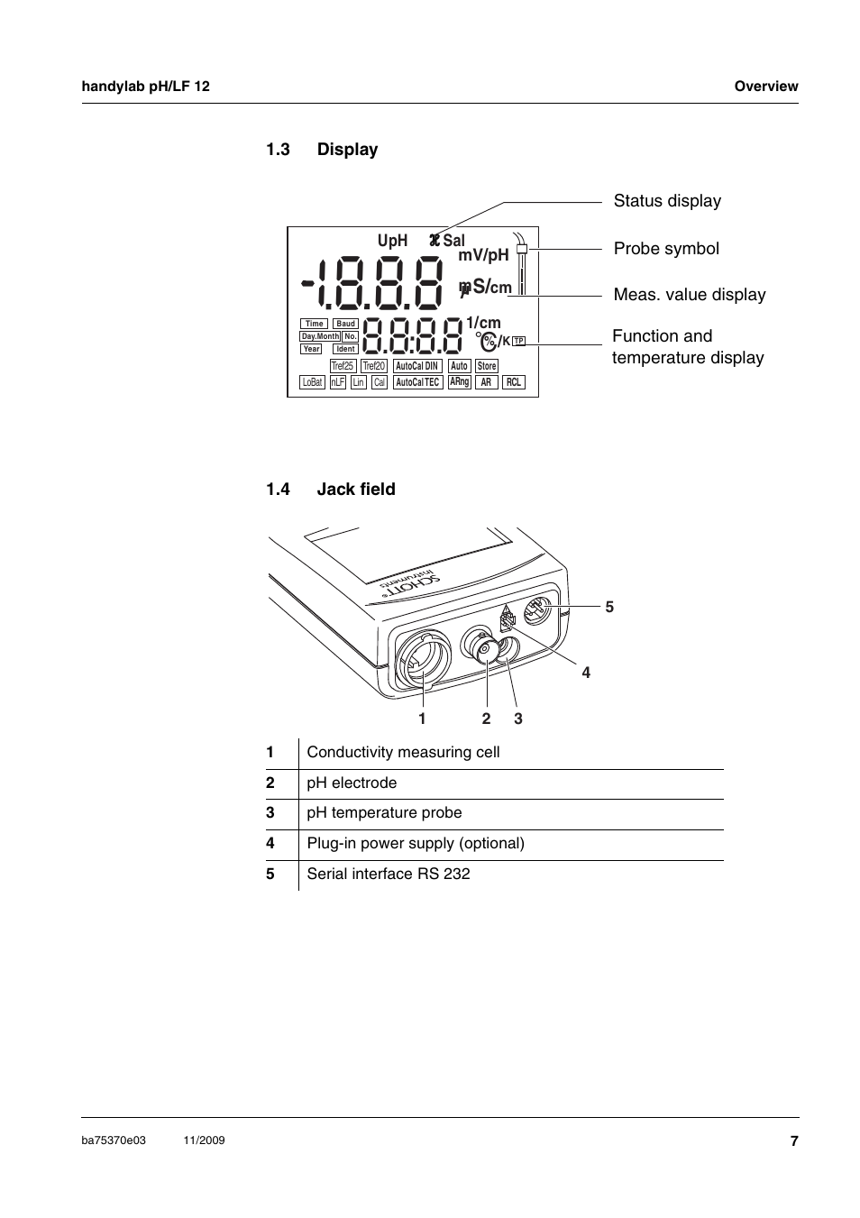 3 display, 4 jack field, Display | Jack field | Xylem handylab pH LF 12 User Manual | Page 7 / 80