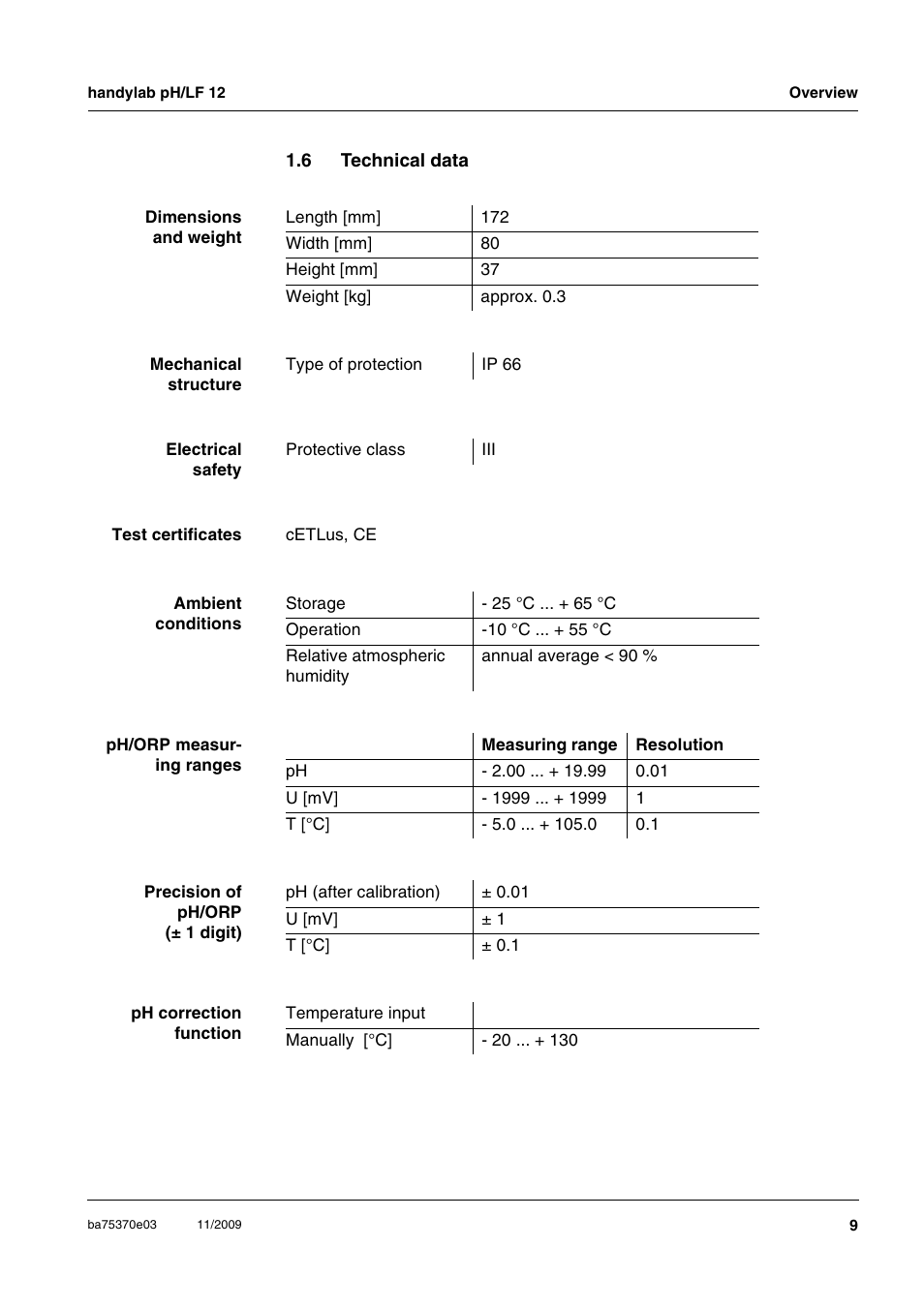 6 technical data, Technical data | Xylem handylab pH LF 12 User Manual | Page 9 / 80