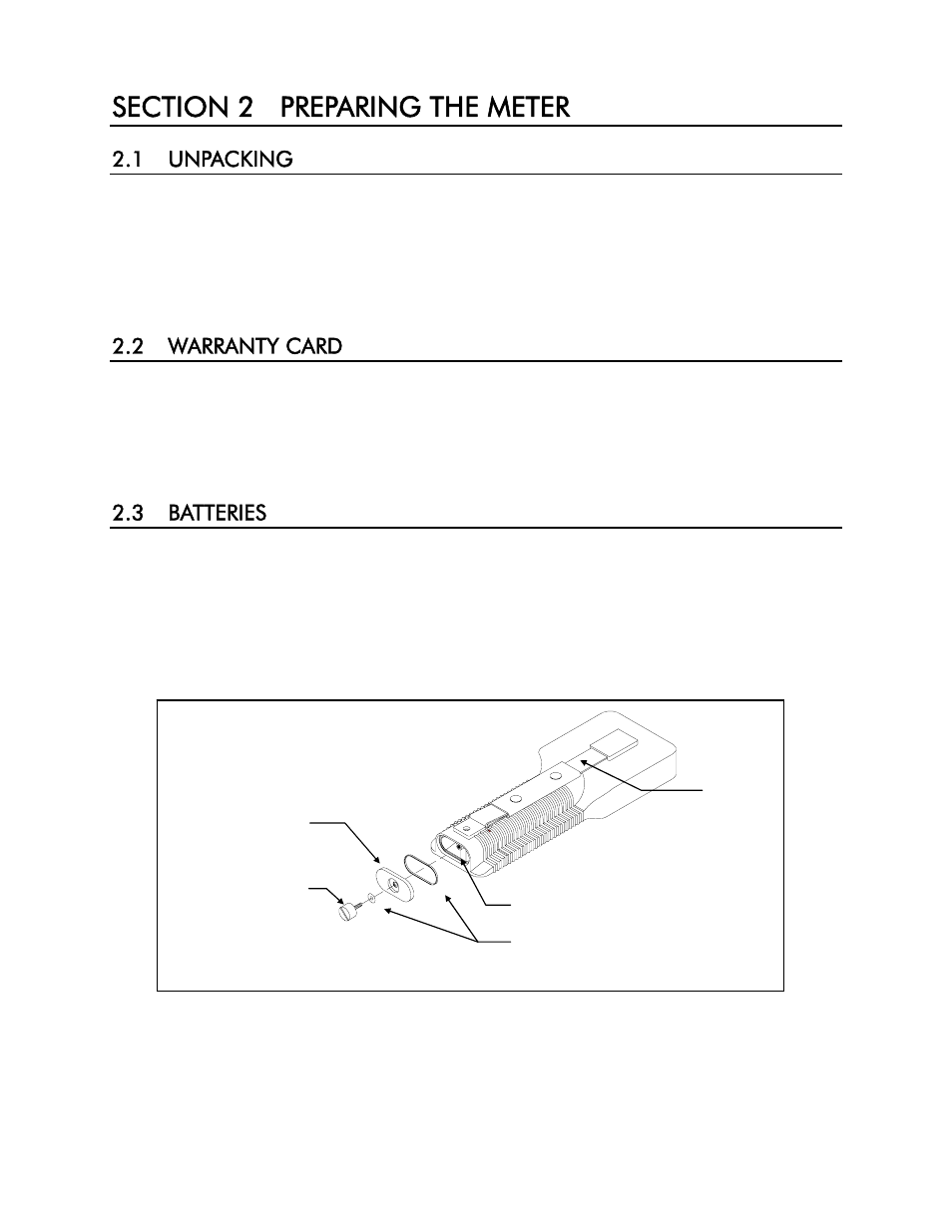 Section 2 preparing the meter, 1 unpacking, 2 warranty card | 3 batteries, 1 unpacking 2.2 warranty card 2.3 batteries | YSI 30 User Manual | Page 7 / 52