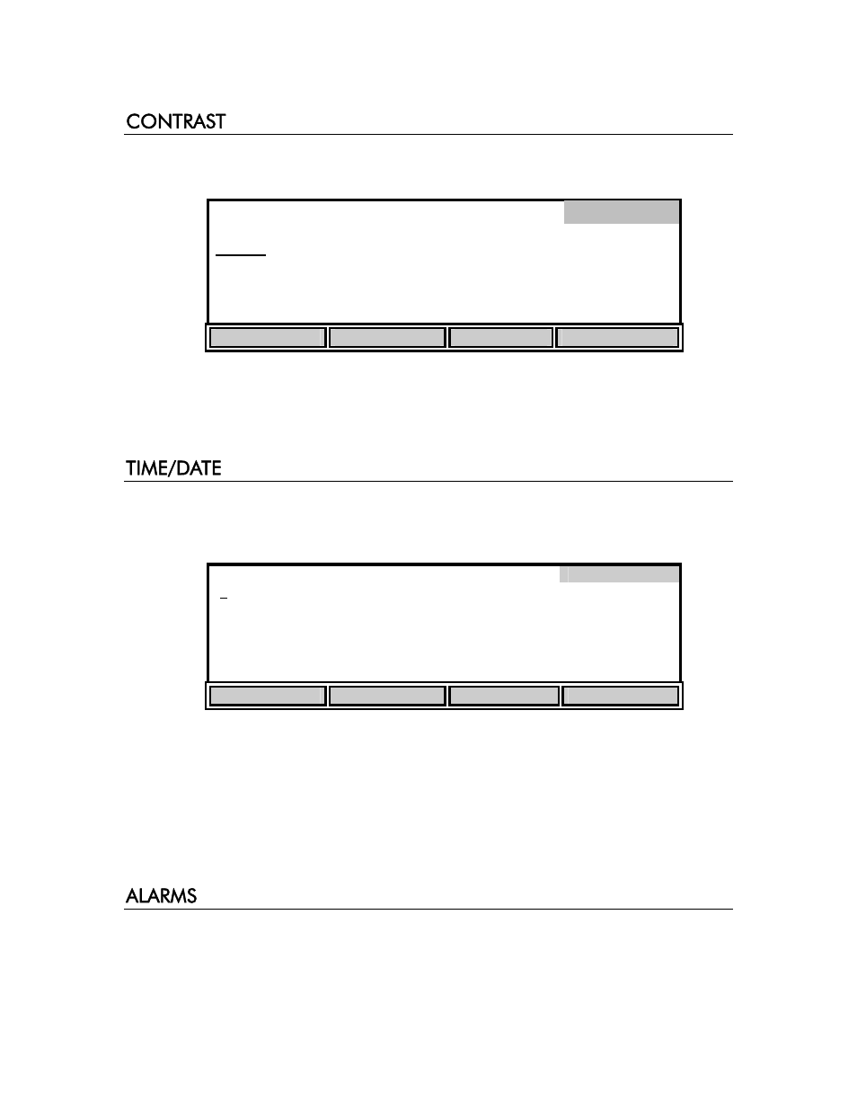 Contrast, Time/date, Alarms | Contrast time/date alarms, Us/cm | YSI 3200 User Manual | Page 25 / 86