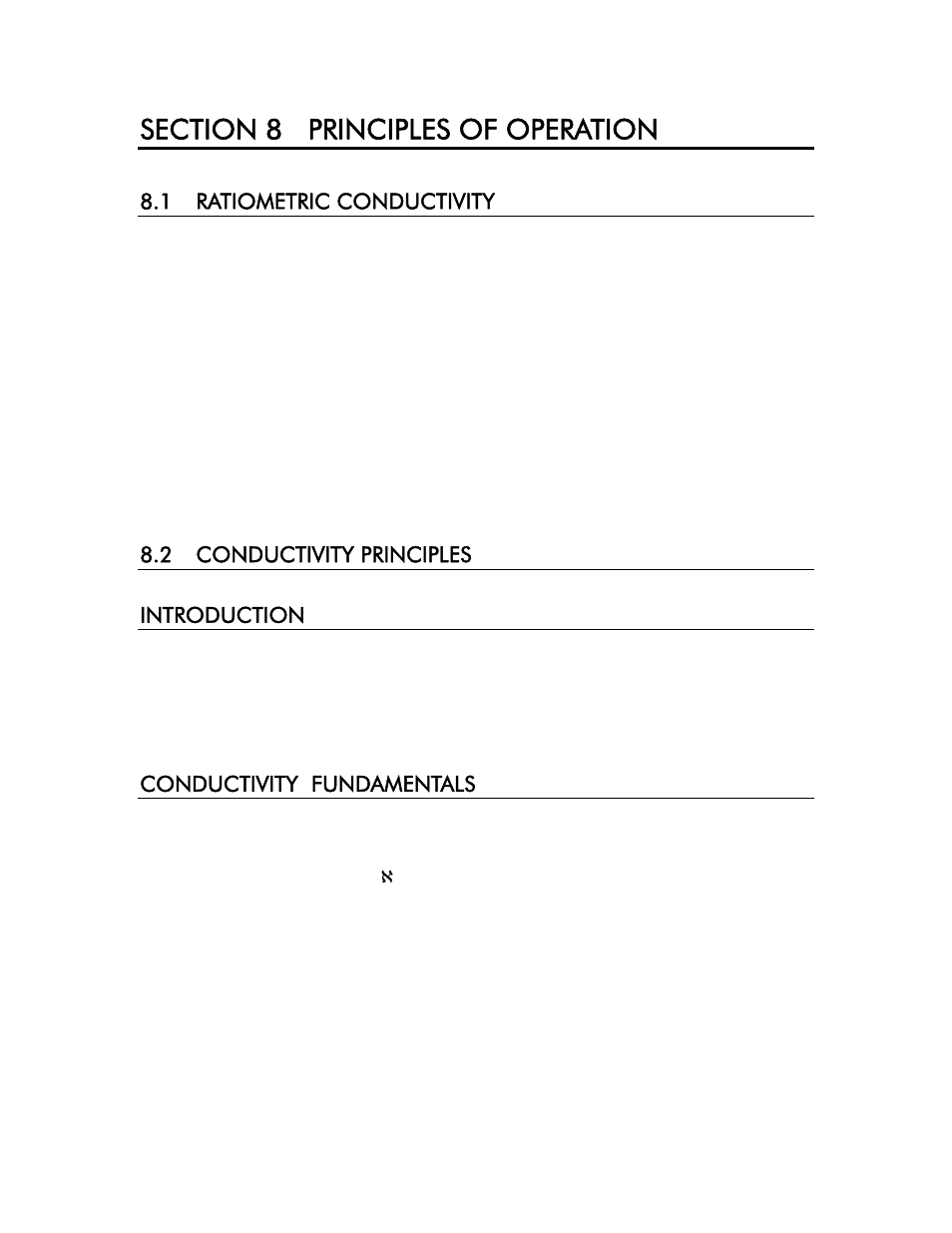 Section 8 principles of operation, 1 ratiometric conductivity, 2 conductivity principles | Introduction, Conductivity fundamentals, Principles of operation, Introduction conductivity fundamentals | YSI 3200 User Manual | Page 45 / 86