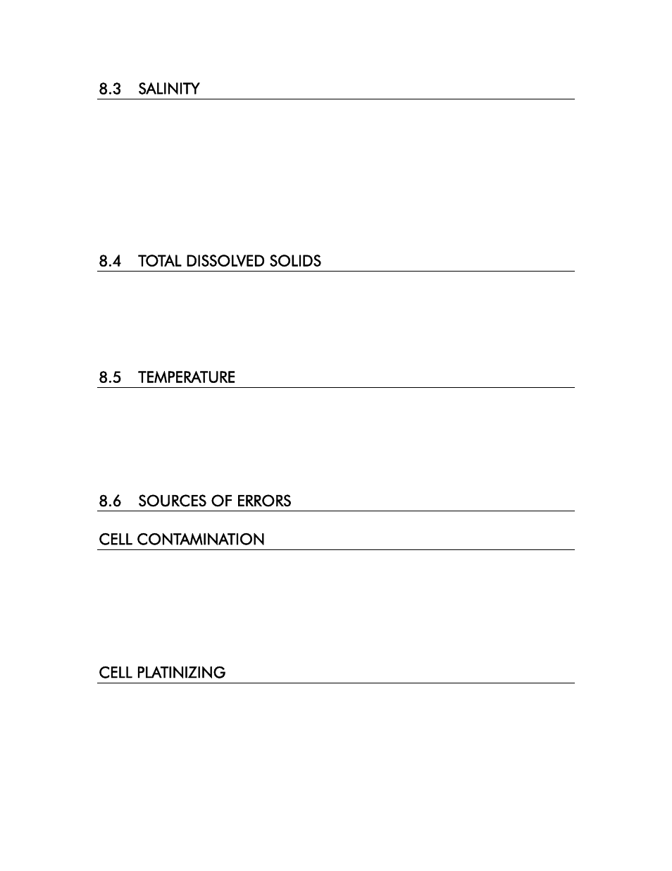 3 salinity, 4 total dissolved solids, 5 temperature | 6 sources of errors, Cell contamination, Cell platinizing, Cell contamination cell platinizing, 6 sources of errors cell contamination | YSI 3200 User Manual | Page 54 / 86