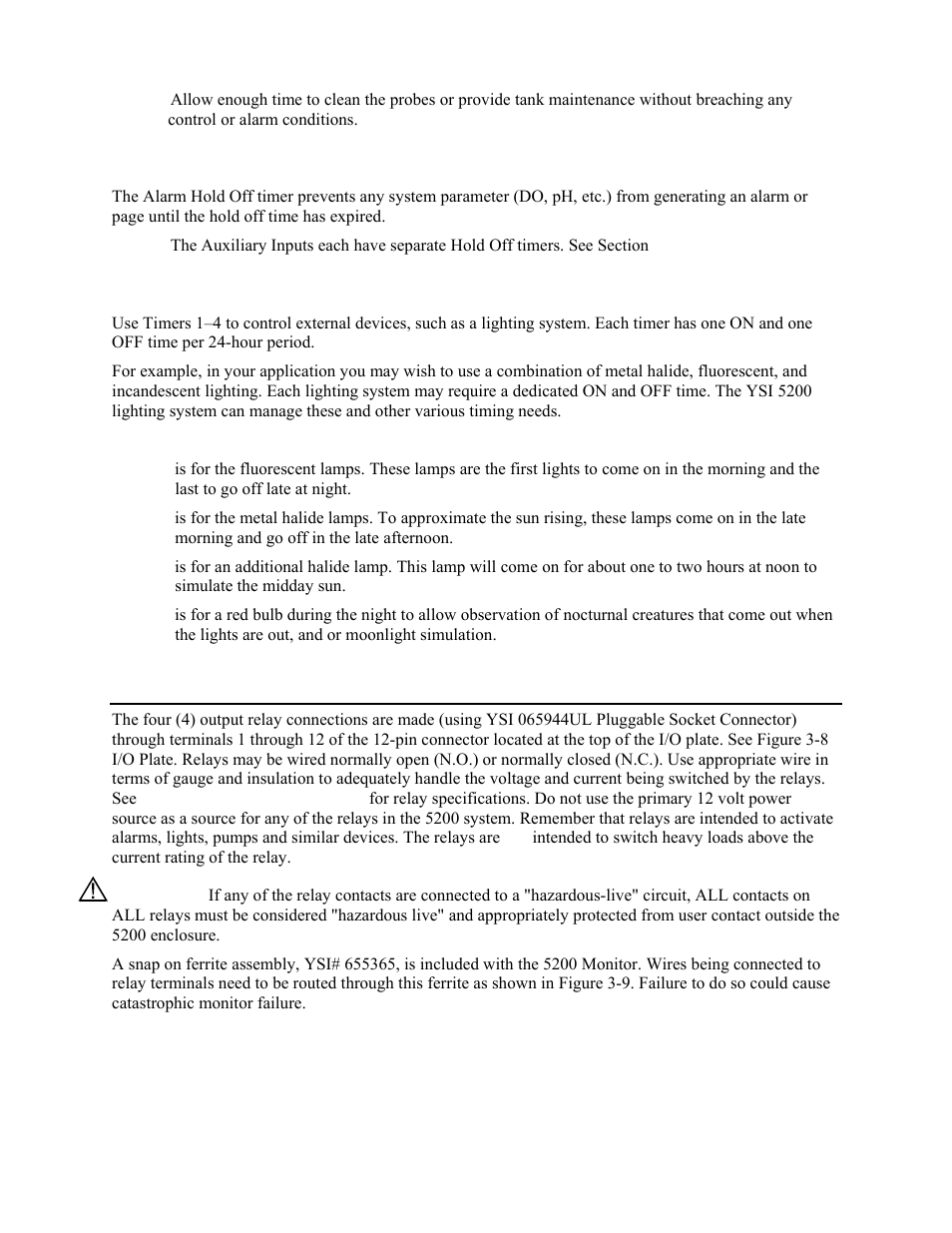 Alarm hold off, Timers 1–4, Relay output wiring | Elay, Utput, Iring, 3 relay output wiring | YSI 5200 User Manual | Page 102 / 148