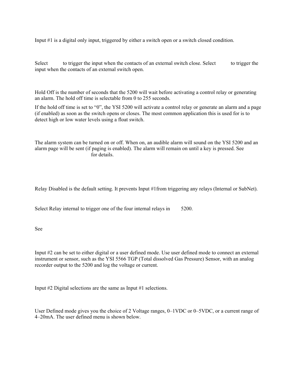 Input #1, Control, Hold off | Alarms, Relay, Relay disabled, Relay internal, Relay subnet, Input #2, Digital | YSI 5200 User Manual | Page 105 / 148
