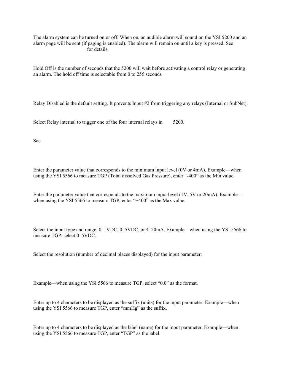 Alarm system, Hold off, Relay | Relay disabled, Relay internal, Relay subnet, Min/max values, Scale, Range, Format | YSI 5200 User Manual | Page 107 / 148