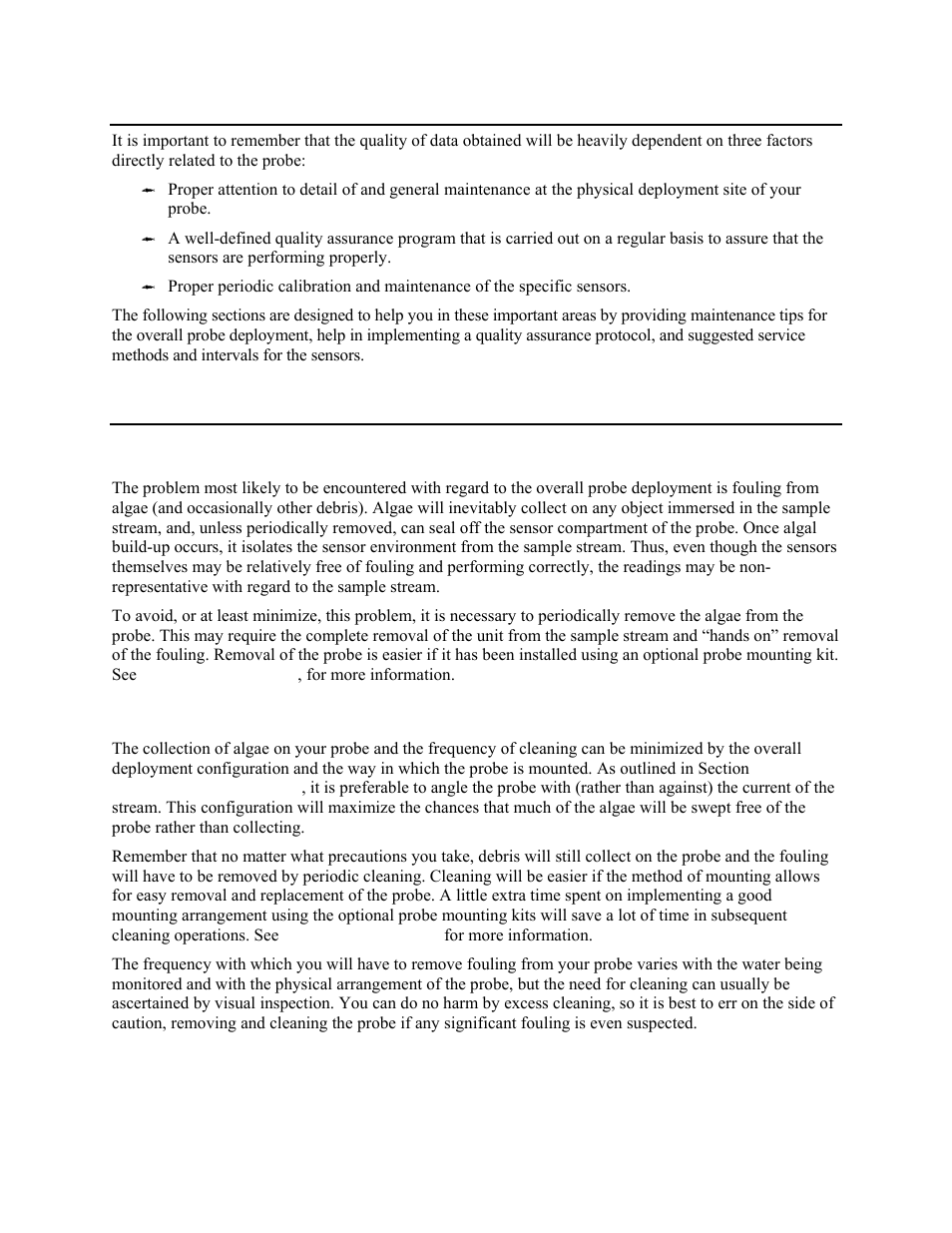 Maintenance, Probe maintenance at the deployment site, Algae and debris | Minimizing the effect of algae and debris, Section 11, Robe, Aintenance at the, Eployment, 1 probe maintenance at the deployment site | YSI 5200 User Manual | Page 109 / 148