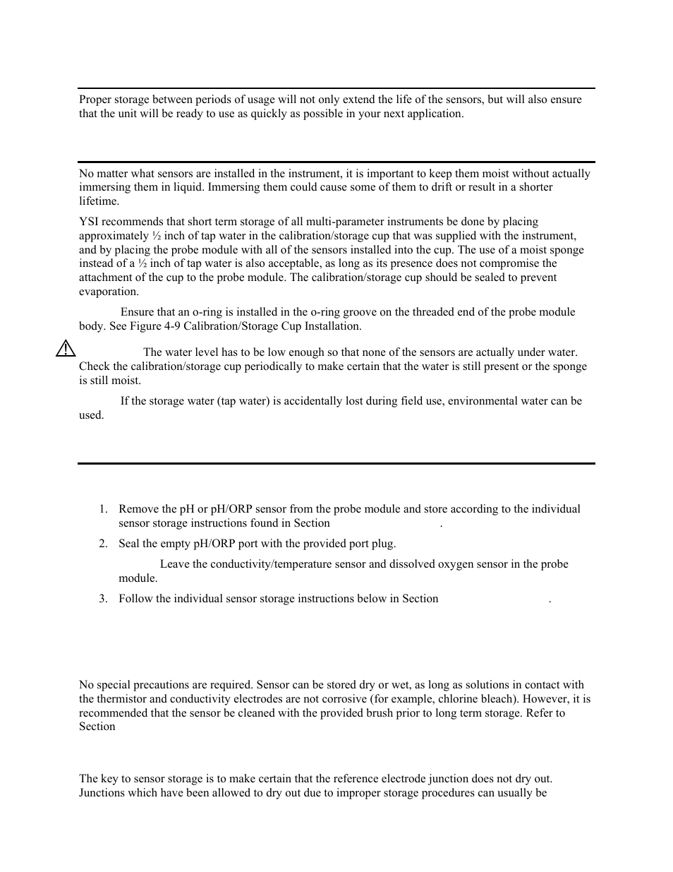 Storage, Short term storage, Long term storage | Probe module storage, Sensor storage, Temperature/conductivity sensor, Ph and combination ph/orp sensor, Section 12, Hort, Torage | YSI 5200 User Manual | Page 117 / 148