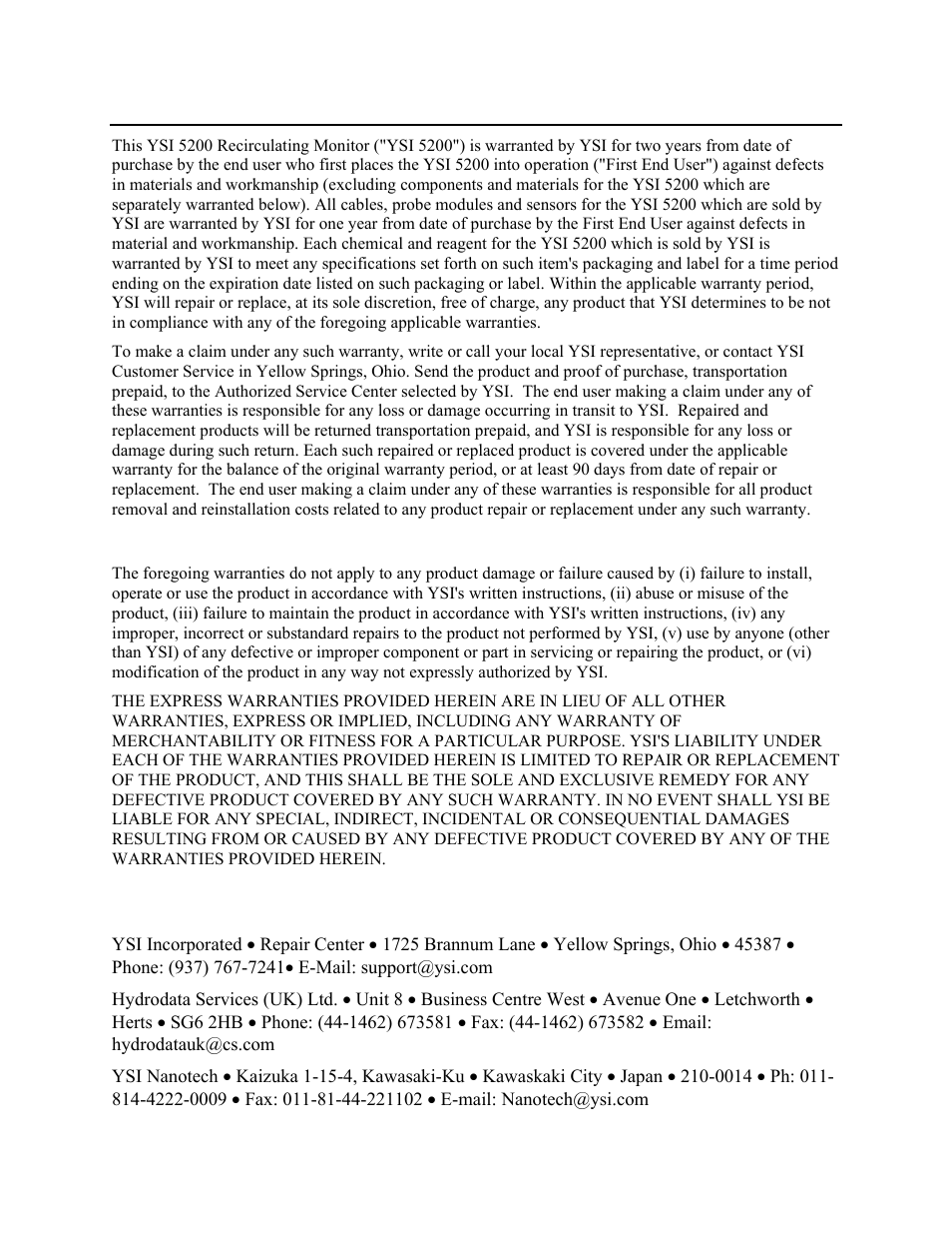 Warranty and service information, Limitation of warranty, International service centers | Section 14, To section 14 warranty and service information | YSI 5200 User Manual | Page 122 / 148