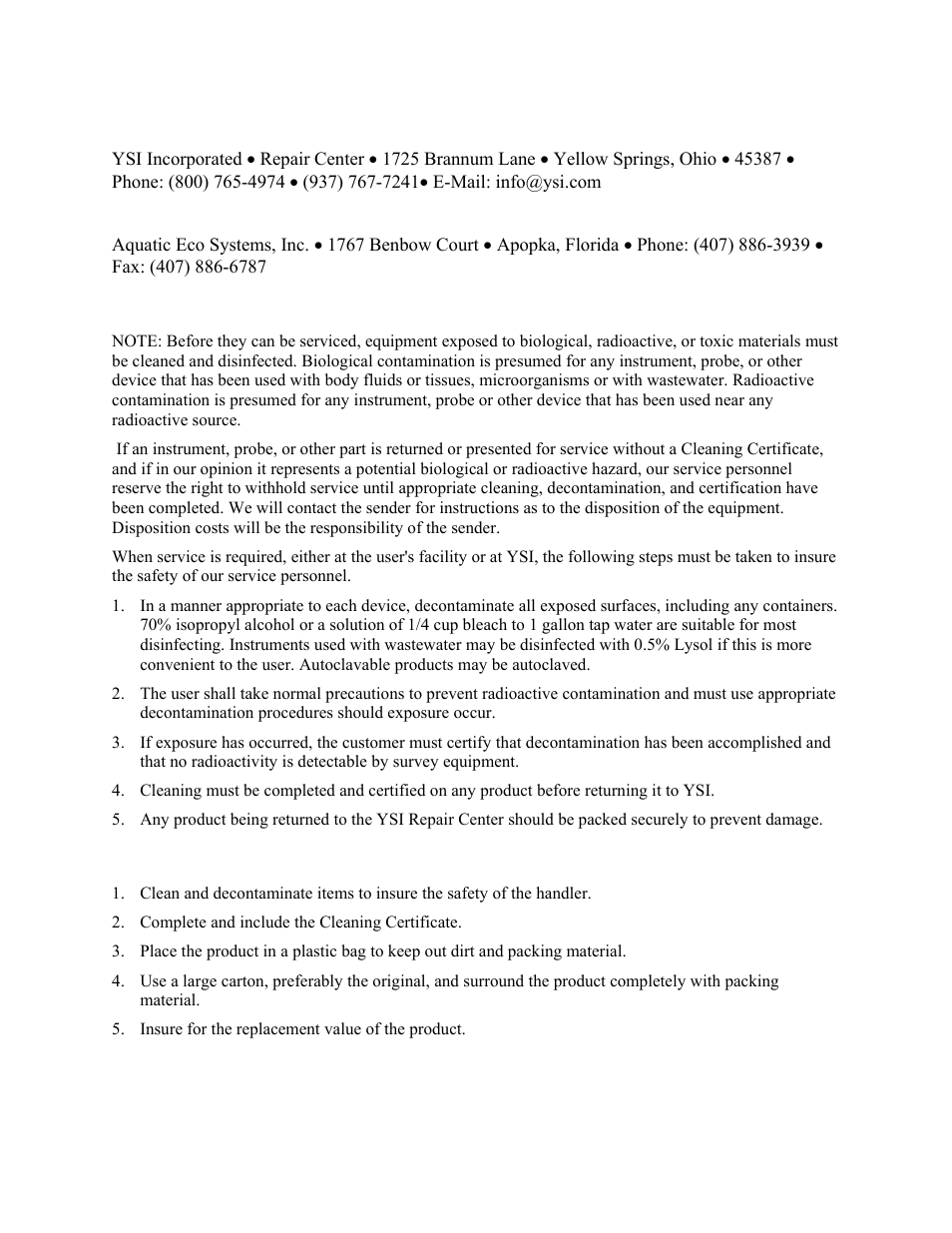 U. s. service centers, Cleaning instructions, Packing instructions | YSI 5200 User Manual | Page 123 / 148