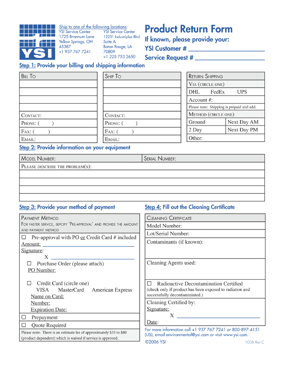 Product return form | YSI 5200 User Manual | Page 124 / 148