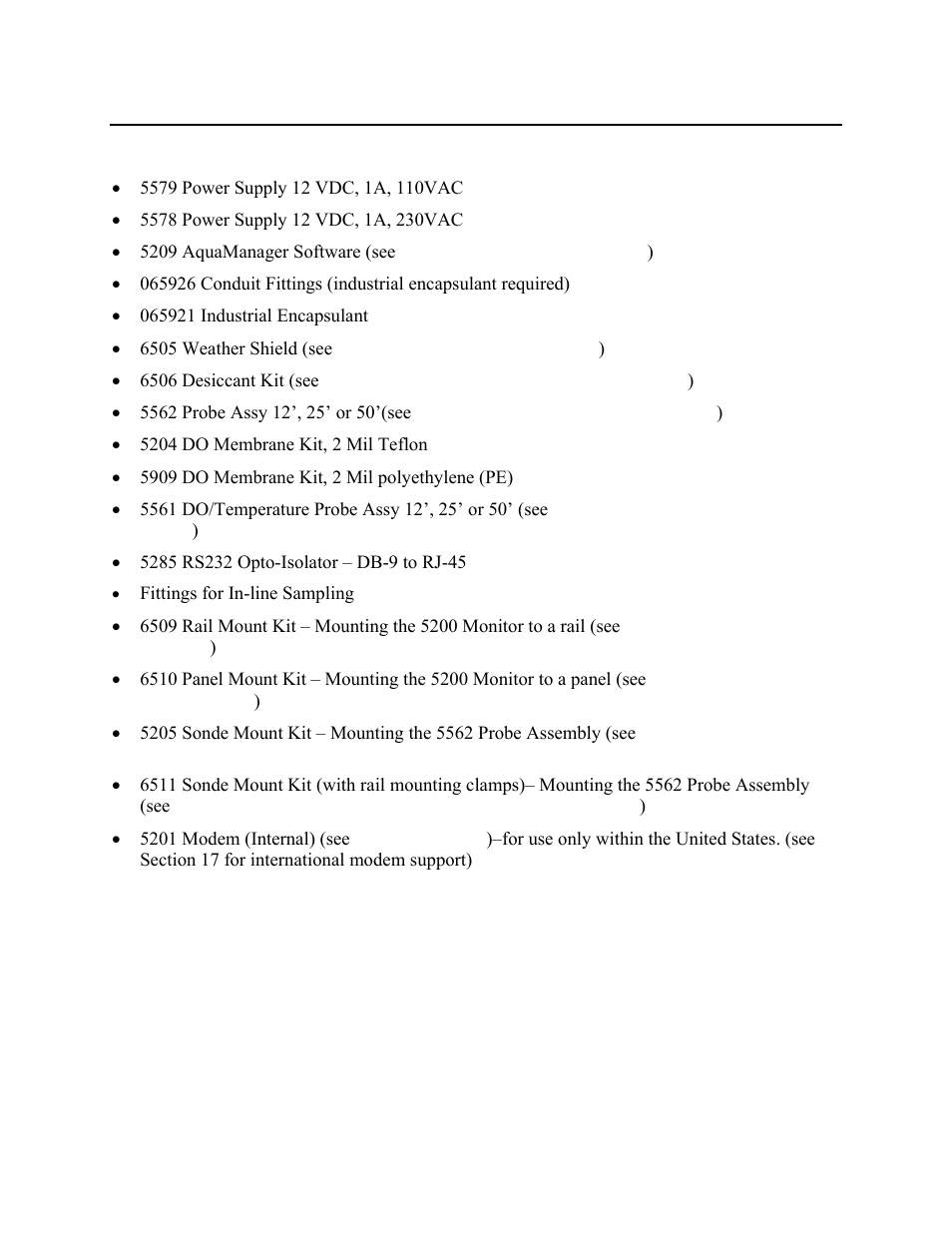 Accessories, Optional accessories for 5200 monitor, Section 20 | YSI 5200 User Manual | Page 141 / 148