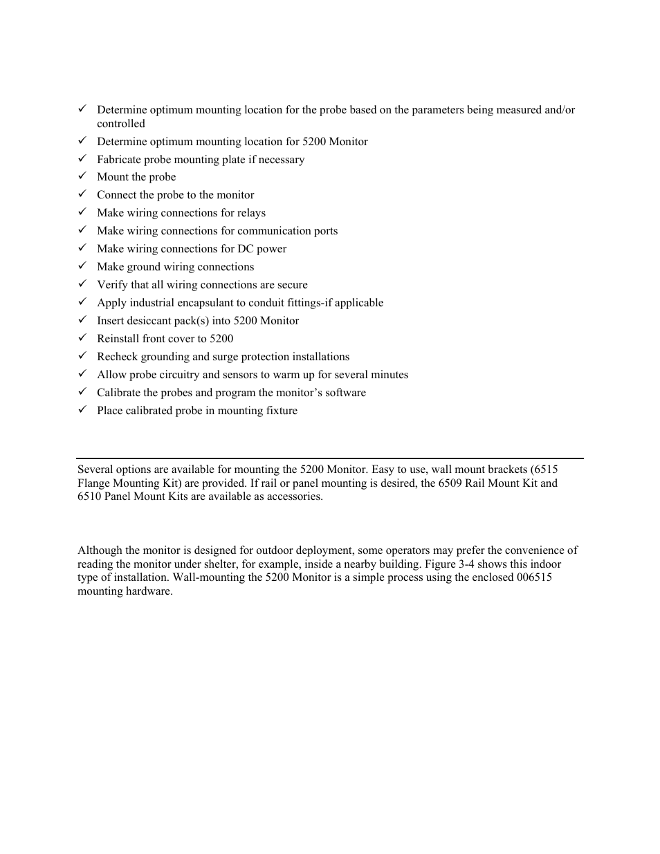 Installation check list, Mount the ysi 5200 recirculating system monitor, Wall mounting option | Ount the, Ecirculating, Ystem, Onitor | YSI 5200 User Manual | Page 15 / 148
