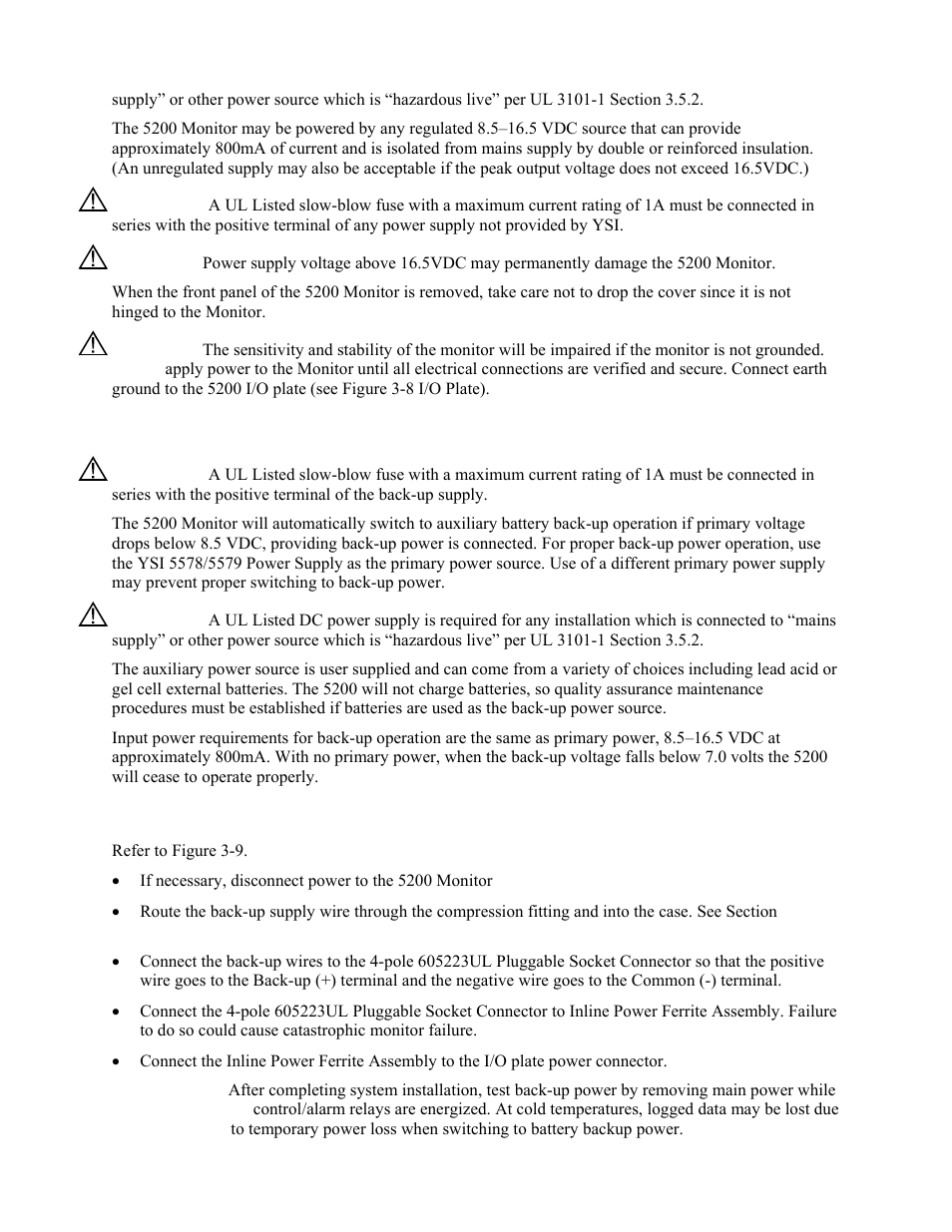 Back-up power, Connecting back-up power to the 5200 monitor, 3 back-up power | YSI 5200 User Manual | Page 24 / 148