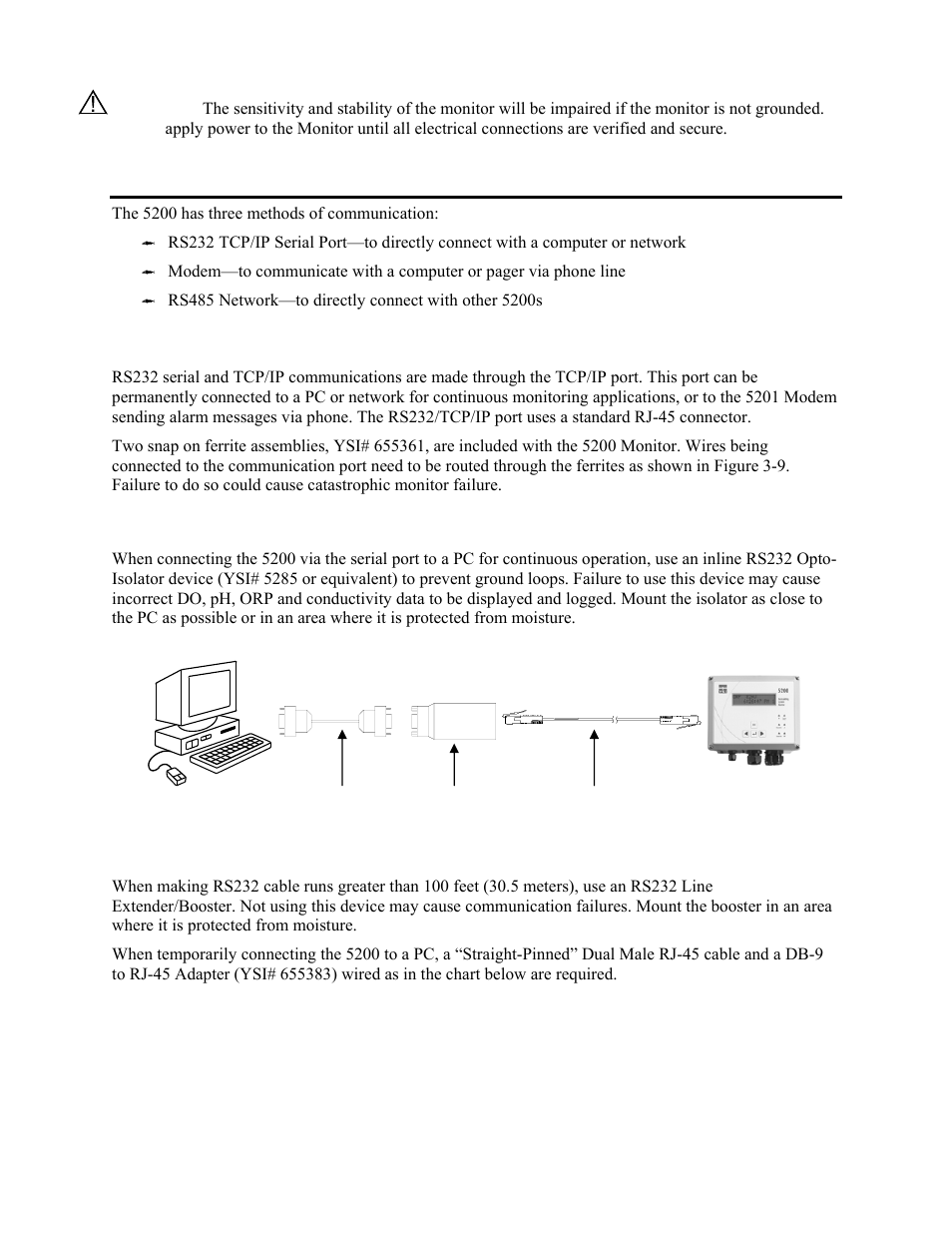 Communications method, Rs232 and tcp/ip port, Rs232 pc connection | Ommunications, Ethod, 7 communications method, 1 rs232 and tcp/ip port | YSI 5200 User Manual | Page 25 / 148