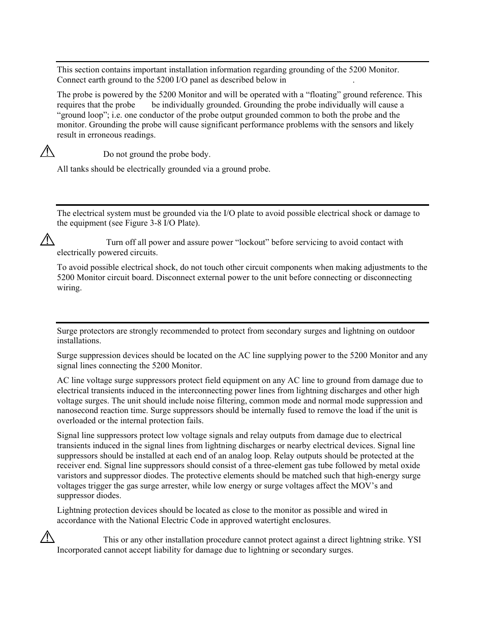 Grounding information, Safety issues, Lightning and surge protection | Rounding, Nformation, Afety, Ssues, Ightning and, Urge, Rotection | YSI 5200 User Manual | Page 28 / 148