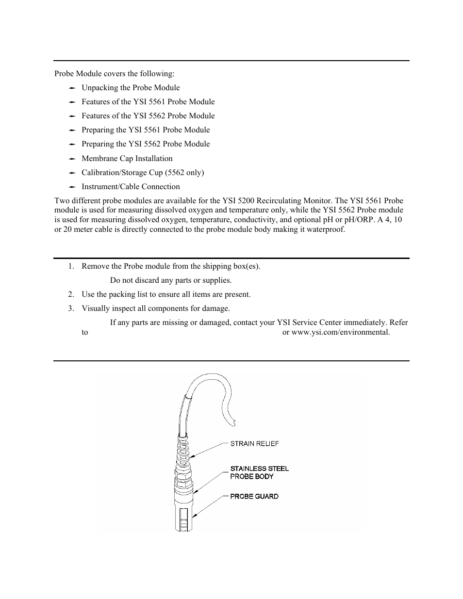 Probe module, Unpacking the probe module, Features of the ysi 5561 probe module | Section 4, Npacking the, Robe, Odule, Eatures of the, 1 unpacking the probe module | YSI 5200 User Manual | Page 29 / 148
