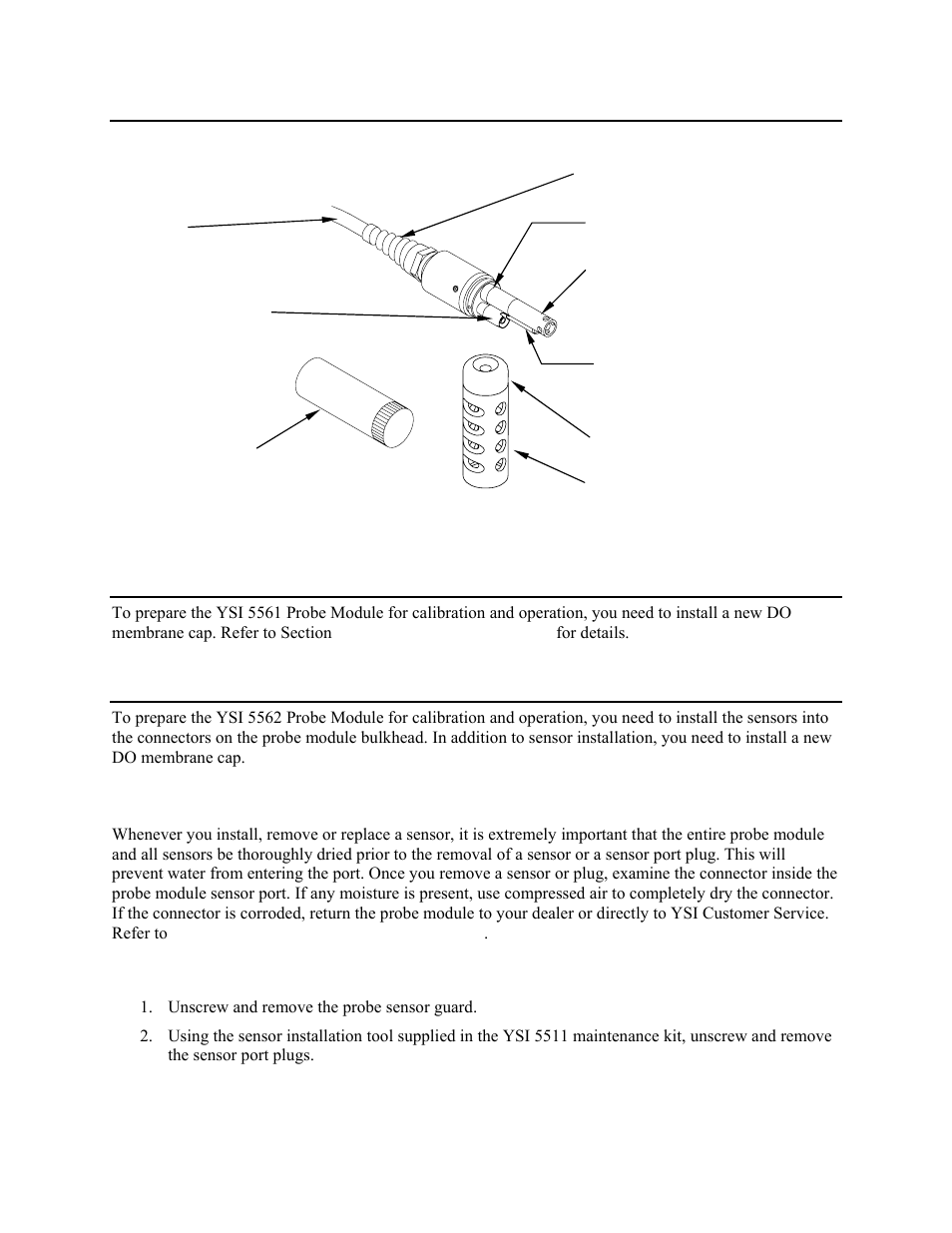 Features of the ysi 5562 probe module, Preparing the ysi 5561 probe module, Preparing the ysi 5562 probe module | Sensor installation, Eatures of the, Robe, Odule, Reparing the | YSI 5200 User Manual | Page 30 / 148