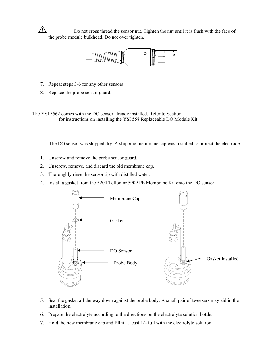 Dissolved oxygen sensor installation, Membrane cap installation, Embrane | Nstallation, 6 membrane cap installation | YSI 5200 User Manual | Page 32 / 148