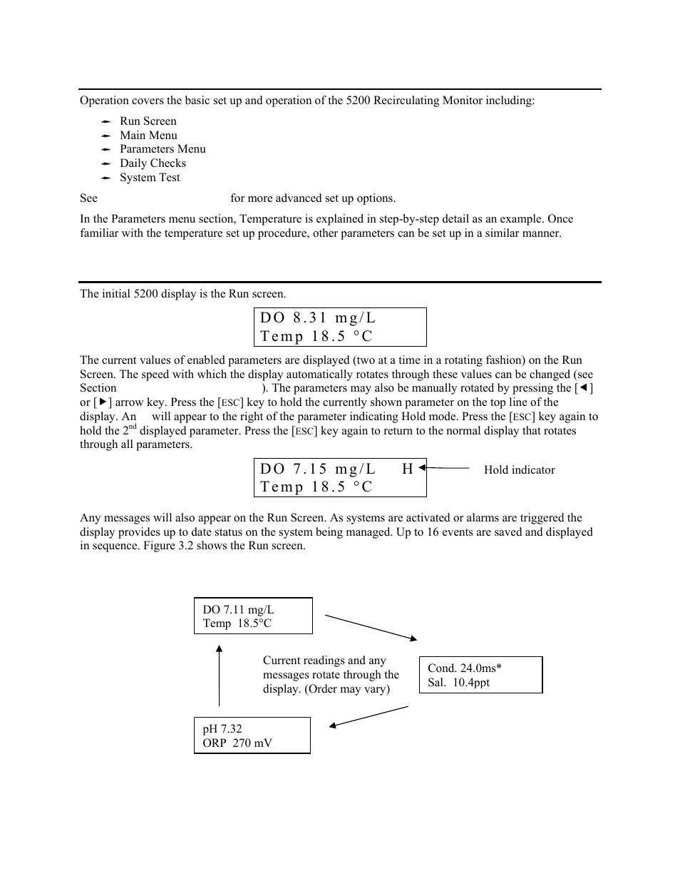 Operation, Run screen, Section 5 | Creen, 1 run screen | YSI 5200 User Manual | Page 35 / 148