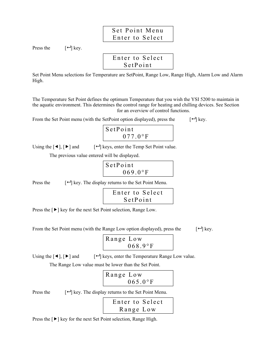 Setpoint, Range low | YSI 5200 User Manual | Page 41 / 148