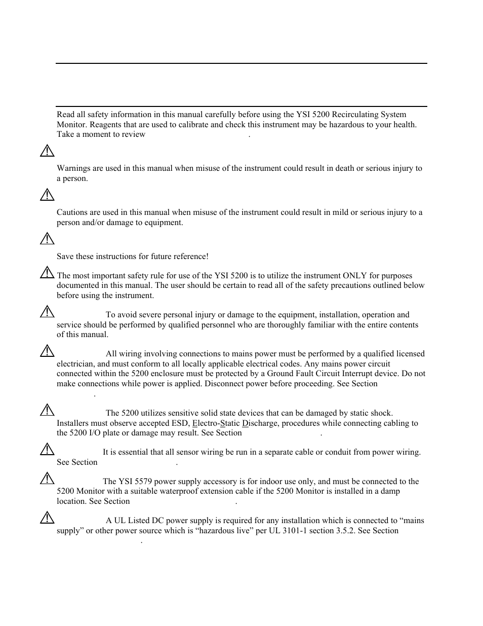 Safety, General safety information, Section 1 | Eneral, Afety, Nformation, 1 general safety information | YSI 5200 User Manual | Page 5 / 148