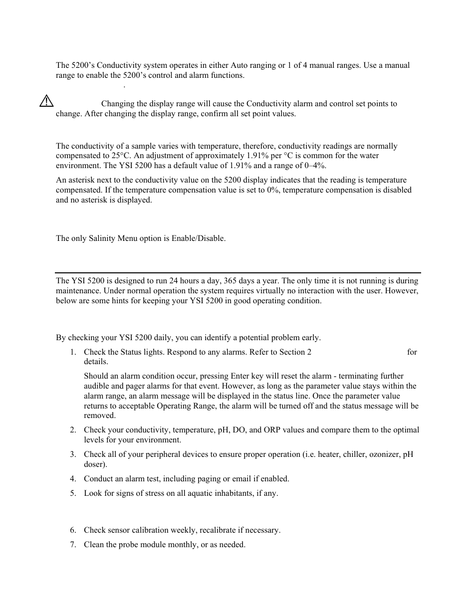 Display range, Temperature compensation, Salinity system | Daily checks, Daily check list, Weekly/monthly checks, Aily, Hecks, Range, 4 daily checks | YSI 5200 User Manual | Page 59 / 148