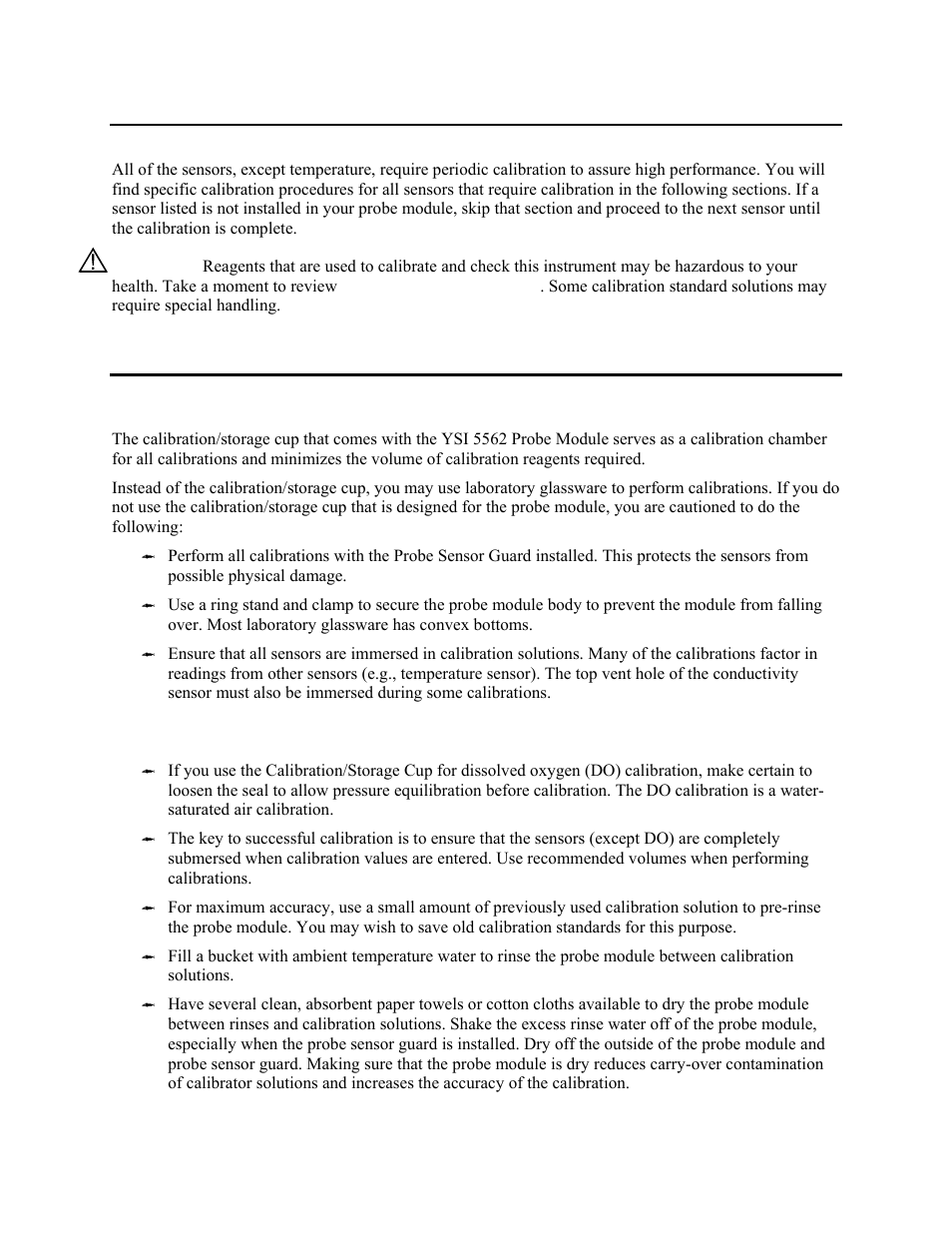 Calibration, Getting ready to calibrate, Containers needed to calibrate the probe module | Calibration tips, Section 6, Etting, Eady to, Alibrate, Calibration is covered in section 6 calibration, 1 getting ready to calibrate | YSI 5200 User Manual | Page 62 / 148