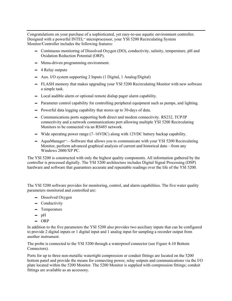 Introduction, Monitoring capability, Section 2 | YSI 5200 User Manual | Page 7 / 148