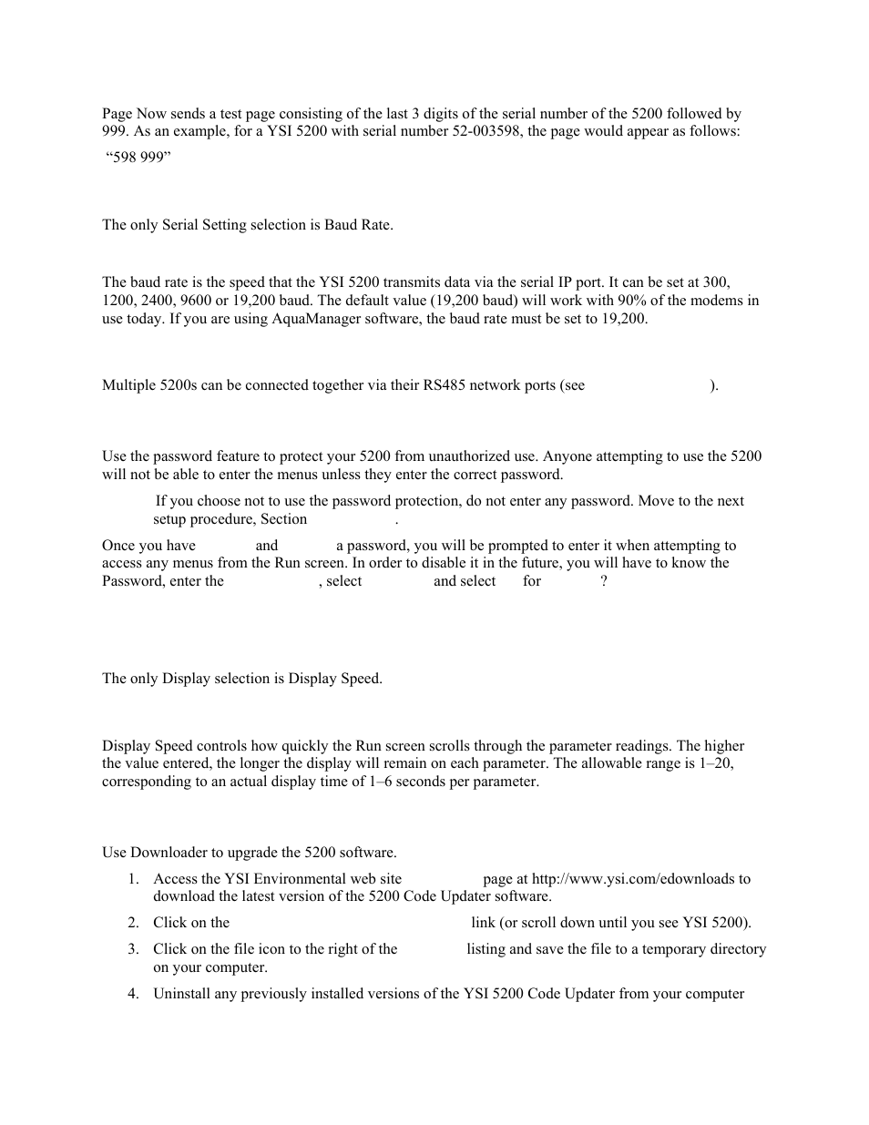 Serial setting, Baud rate, Network | Password, Display, Display speed, Downloader (upgrading software), 3 password, 4 display, 5 downloader (upgrading software) | YSI 5200 User Manual | Page 91 / 148