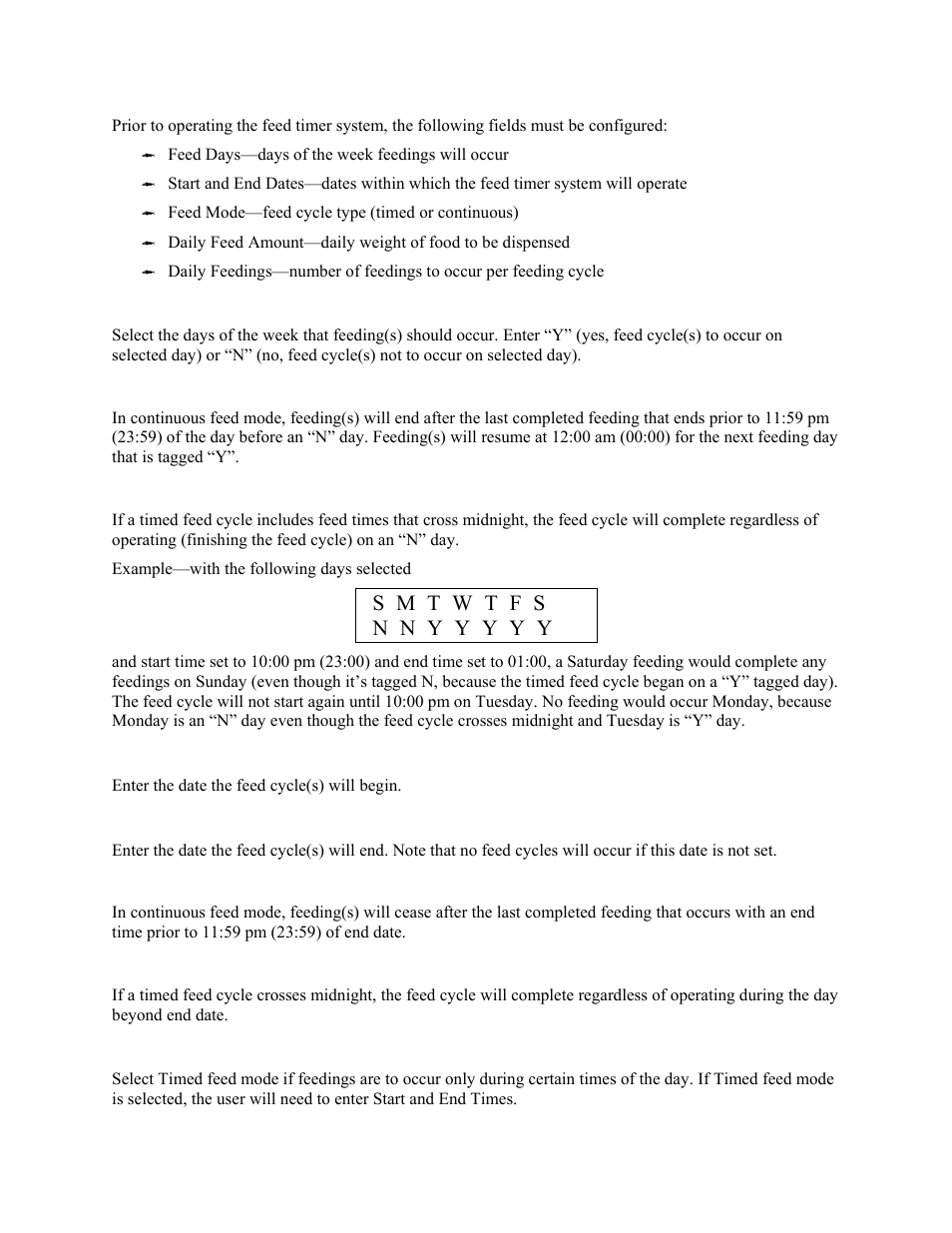 Feeder, Feed days, Continuous feed mode | Timed feed mode, Start date, End date, Feed mode | YSI 5200 User Manual | Page 98 / 148