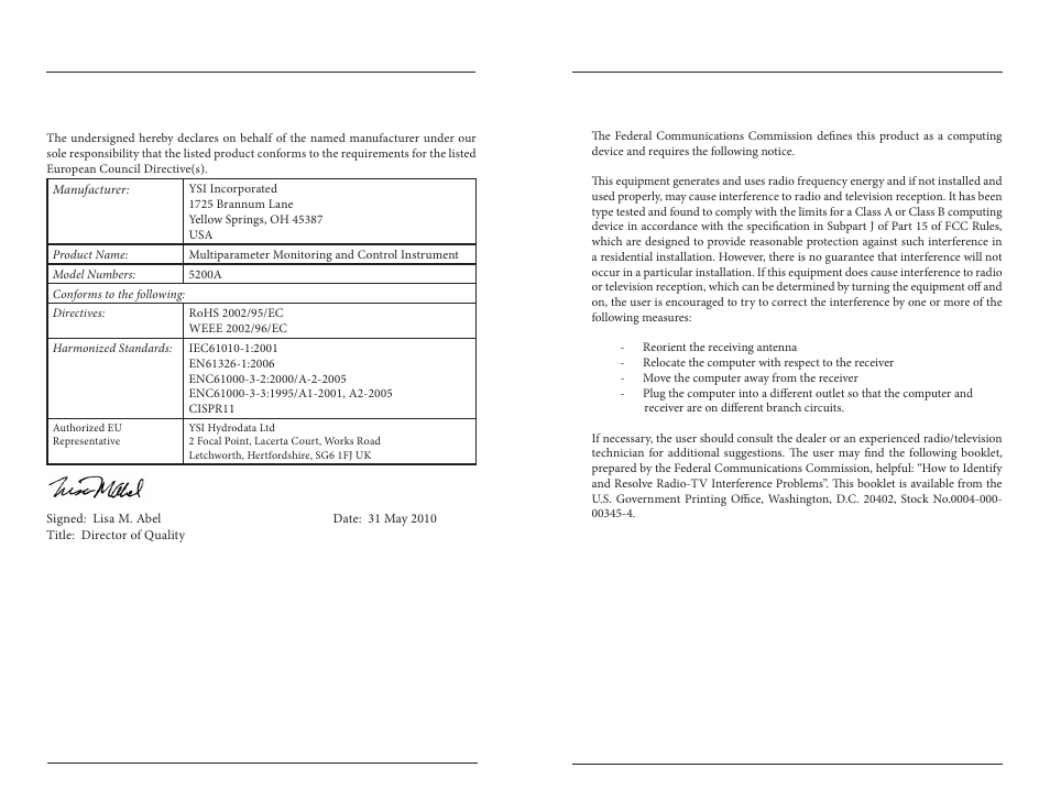Appendix 4 - declaration of conformity, Fcc required notice | YSI 5200A User Manual | Page 110 / 121