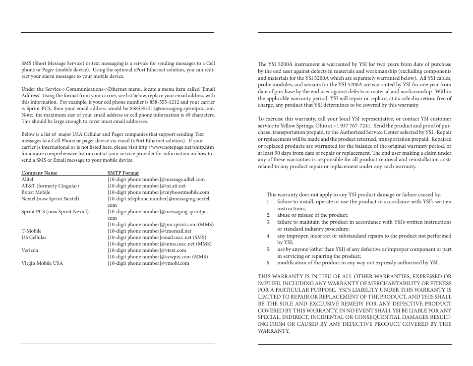 Appendix 6 sms messaging appendix 7 warranty, Appendix 6 sms messaging, Appendix 7 warranty | YSI 5200A User Manual | Page 113 / 121