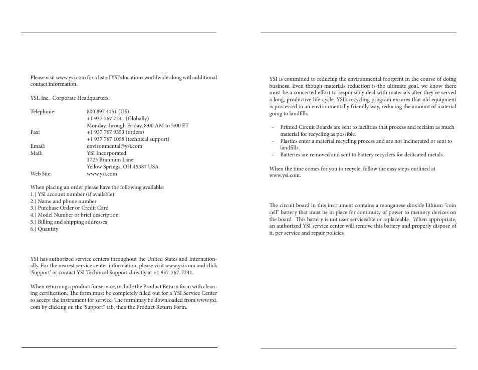 Appendix 8 contact us, Ordering and technical support service information, Appendix 9 recycling | Recycling battery disposal, Ordering and technical support, Service information, Recycling, Battery disposal | YSI 5200A User Manual | Page 114 / 121
