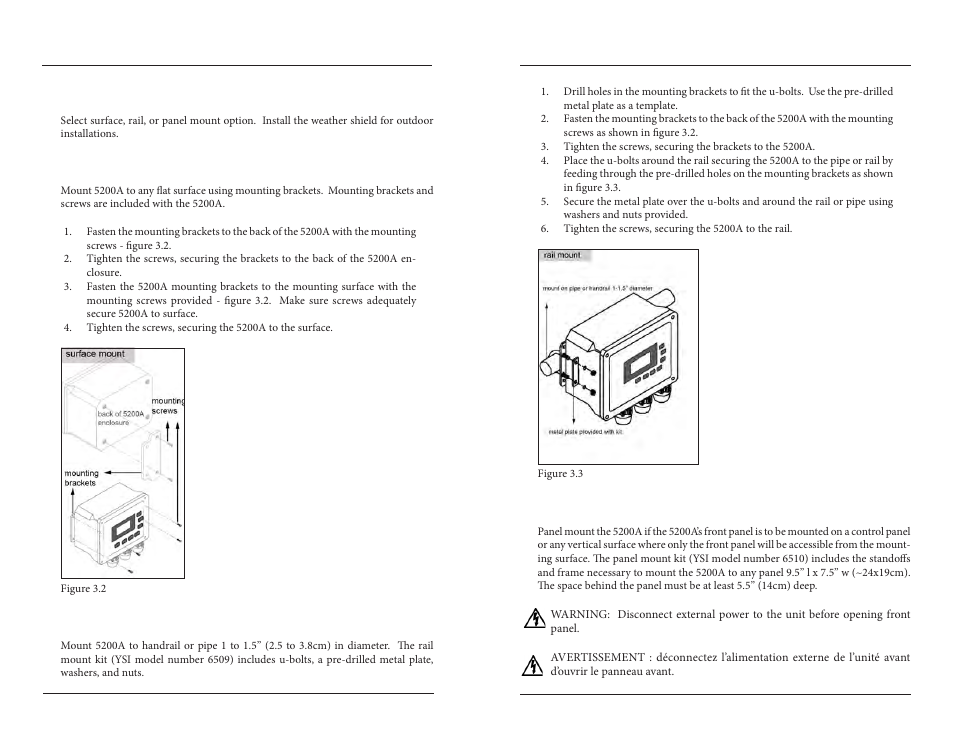 Mount the 5200a, Surface mount rail mount panel mount | YSI 5200A User Manual | Page 15 / 121