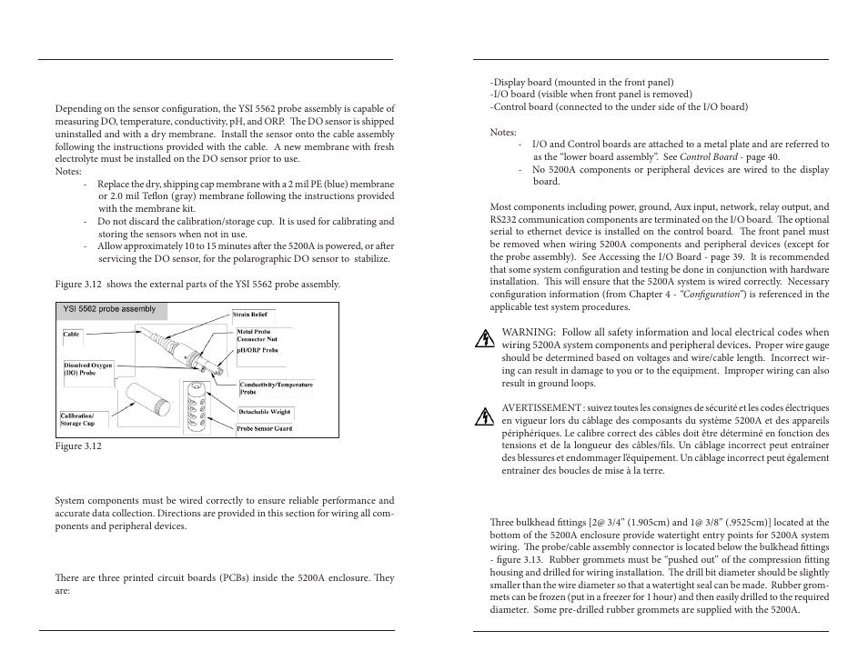 Ysi 5562 probe assembly, Wiring information, Pcbs 5200a bulkhead fittings | YSI 5200A User Manual | Page 19 / 121