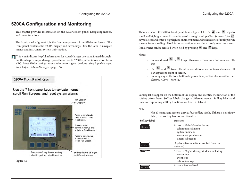 5200a configuration and monitoring, Front panel keys, Softkeys | YSI 5200A User Manual | Page 33 / 121