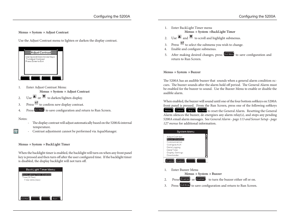 Adjust contrast backlight timer buzzer | YSI 5200A User Manual | Page 43 / 121