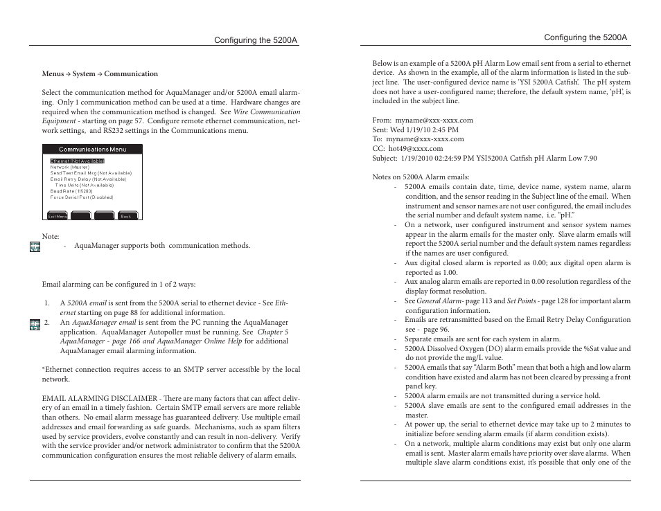Communication, Email alarming | YSI 5200A User Manual | Page 44 / 121
