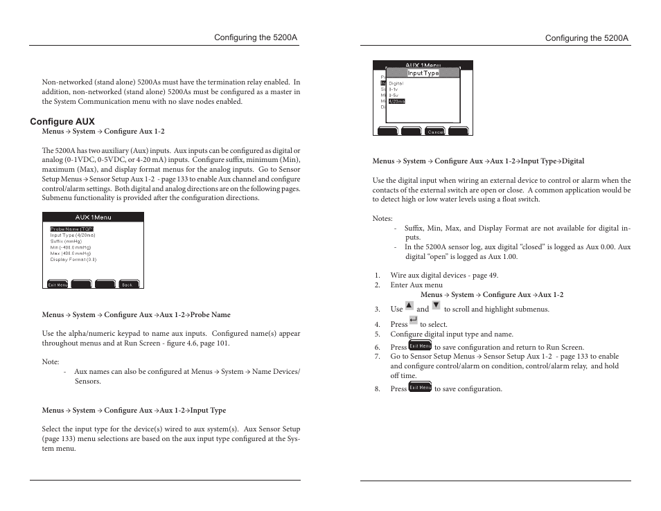 Non-networked (stand alone) 5200as, Configure aux, Probe name input type | YSI 5200A User Manual | Page 50 / 121