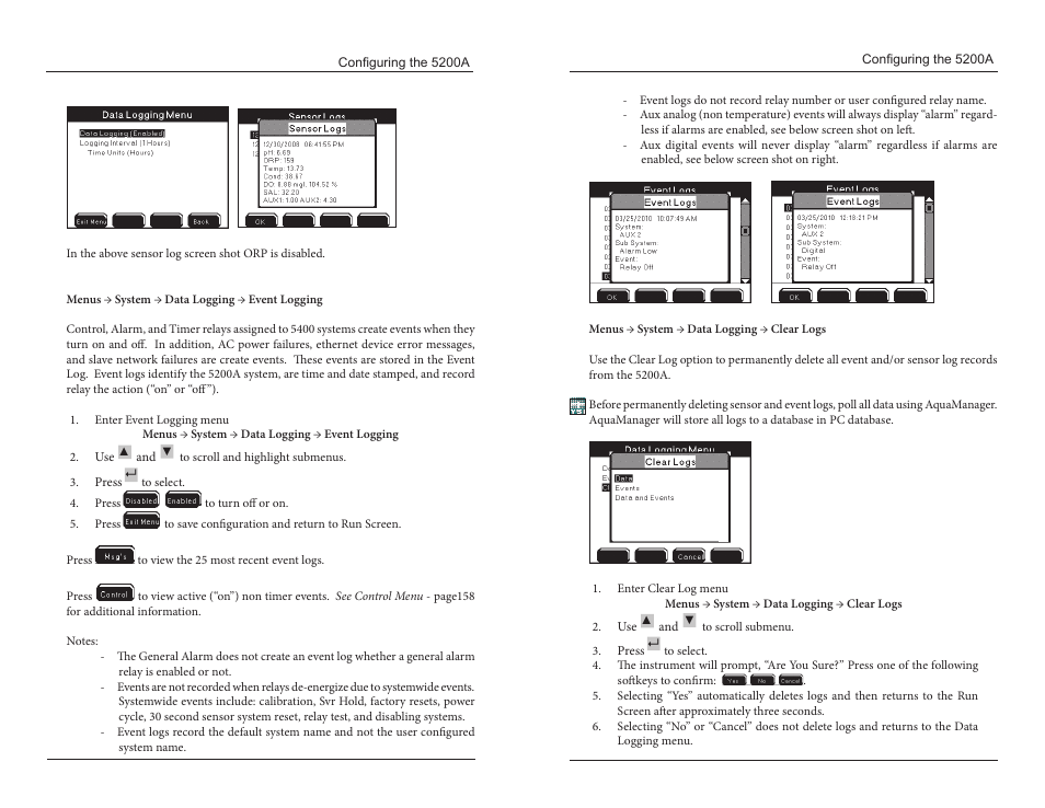 Event logging clear logs | YSI 5200A User Manual | Page 53 / 121