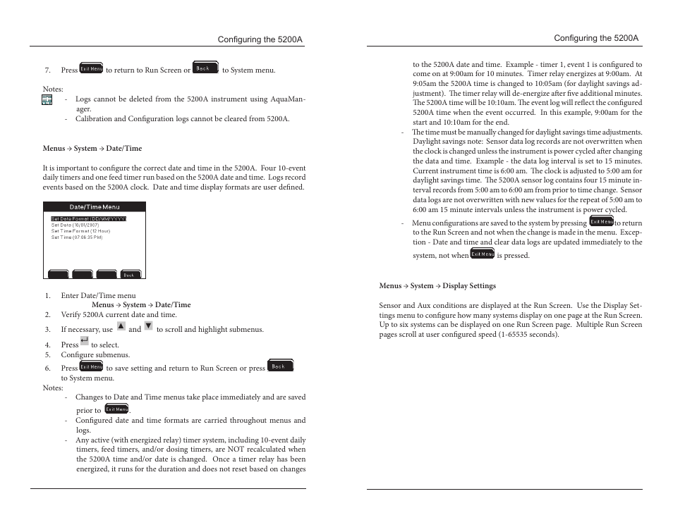 Date/time display settings | YSI 5200A User Manual | Page 54 / 121