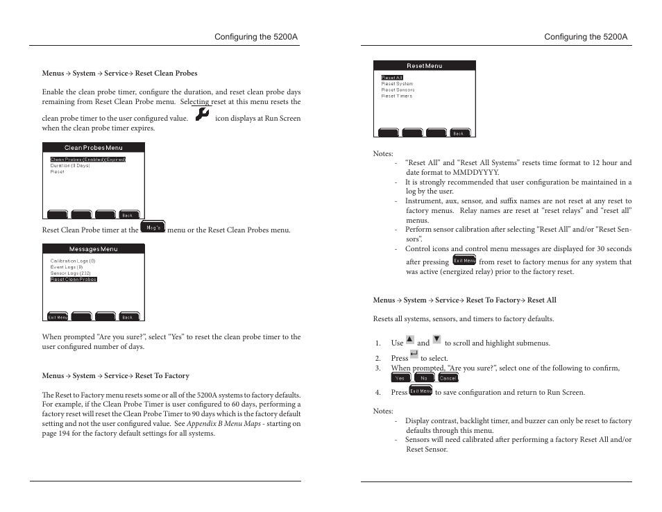 Reset clean probes reset to factory | YSI 5200A User Manual | Page 61 / 121