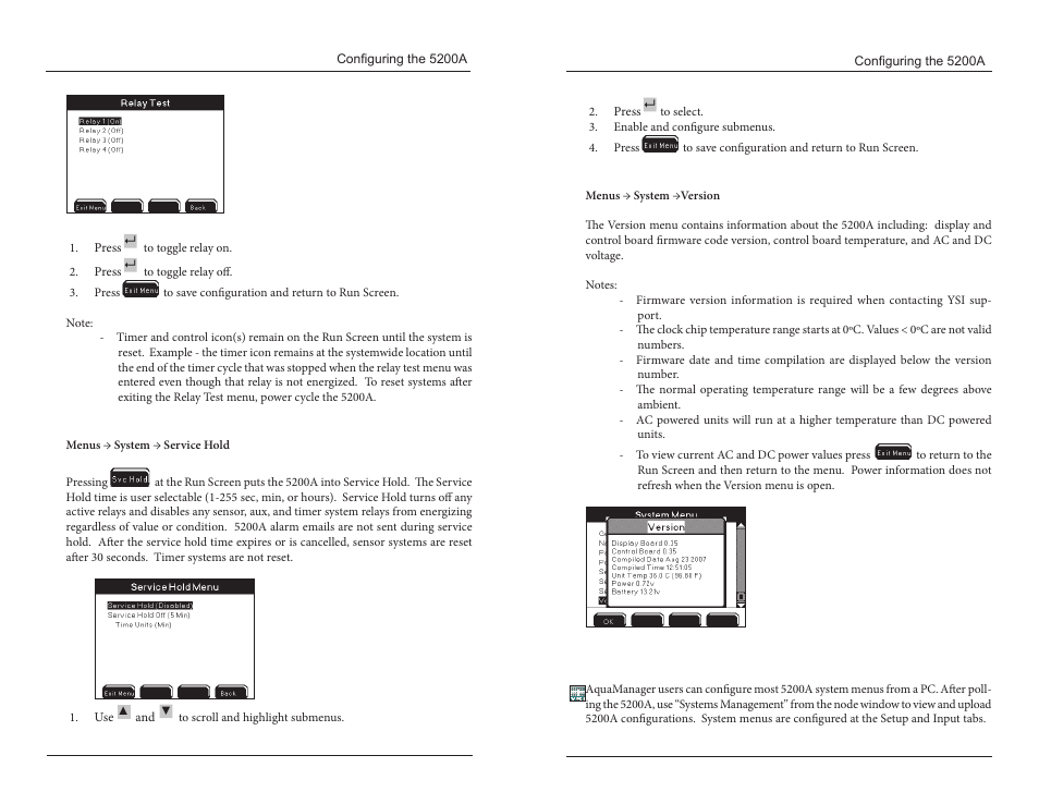 Service hold version, Aquamanager and the system menu | YSI 5200A User Manual | Page 63 / 121