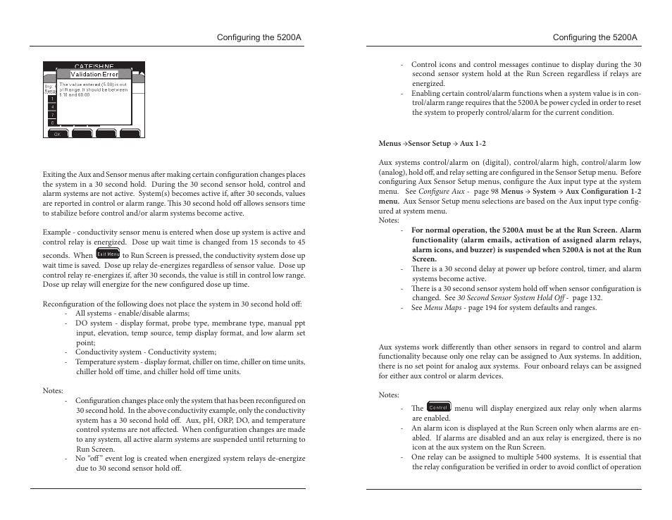 30 second aux and sensor system hold off, Aux setup, Aux relay | YSI 5200A User Manual | Page 67 / 121