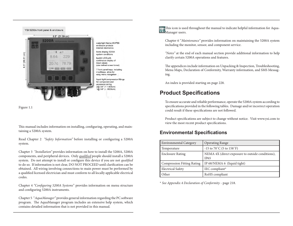 Preview of user manual, Product specifications, Environmental specifications | YSI 5200A User Manual | Page 7 / 121