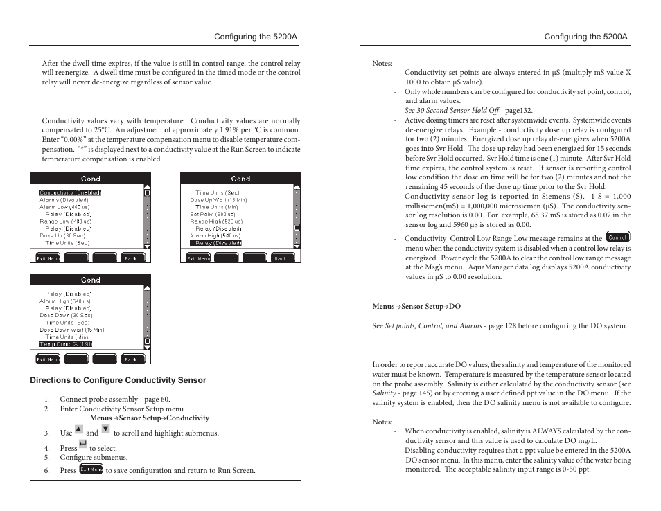 Temperature compensation, Directions to configure conductivity sensor | YSI 5200A User Manual | Page 70 / 121