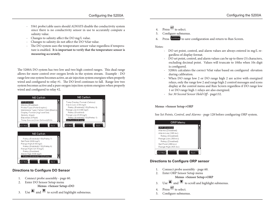 Two range controls for do, Directions to configure do sensor, Directions to configure orp sensor | YSI 5200A User Manual | Page 71 / 121