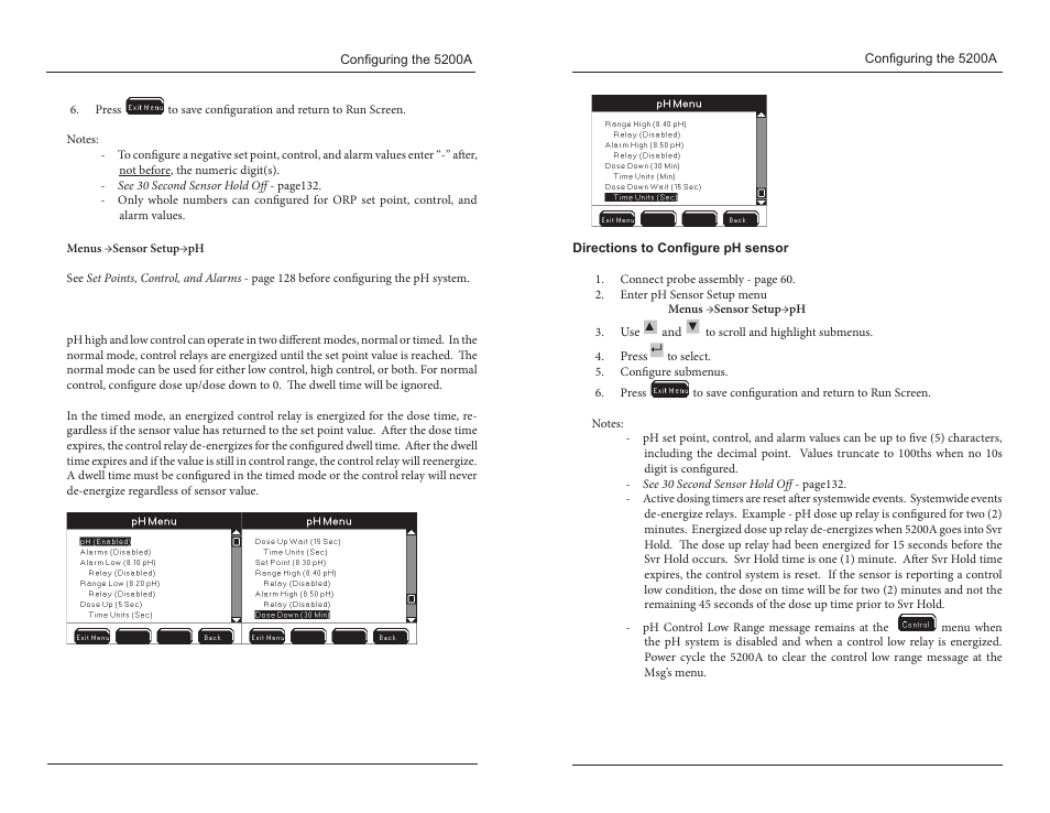 Timed and normal control, Directions to configure ph sensor | YSI 5200A User Manual | Page 72 / 121