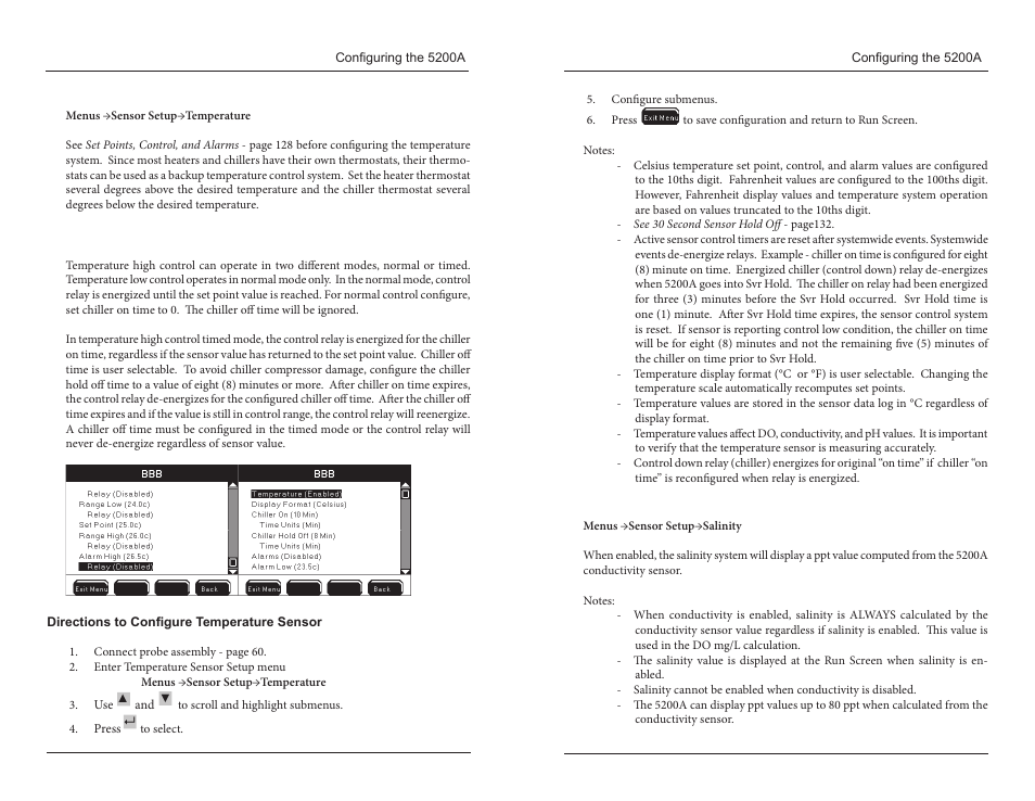 Temperature, Range low and high control, Directions to configure temperature sensor | Salinity | YSI 5200A User Manual | Page 73 / 121