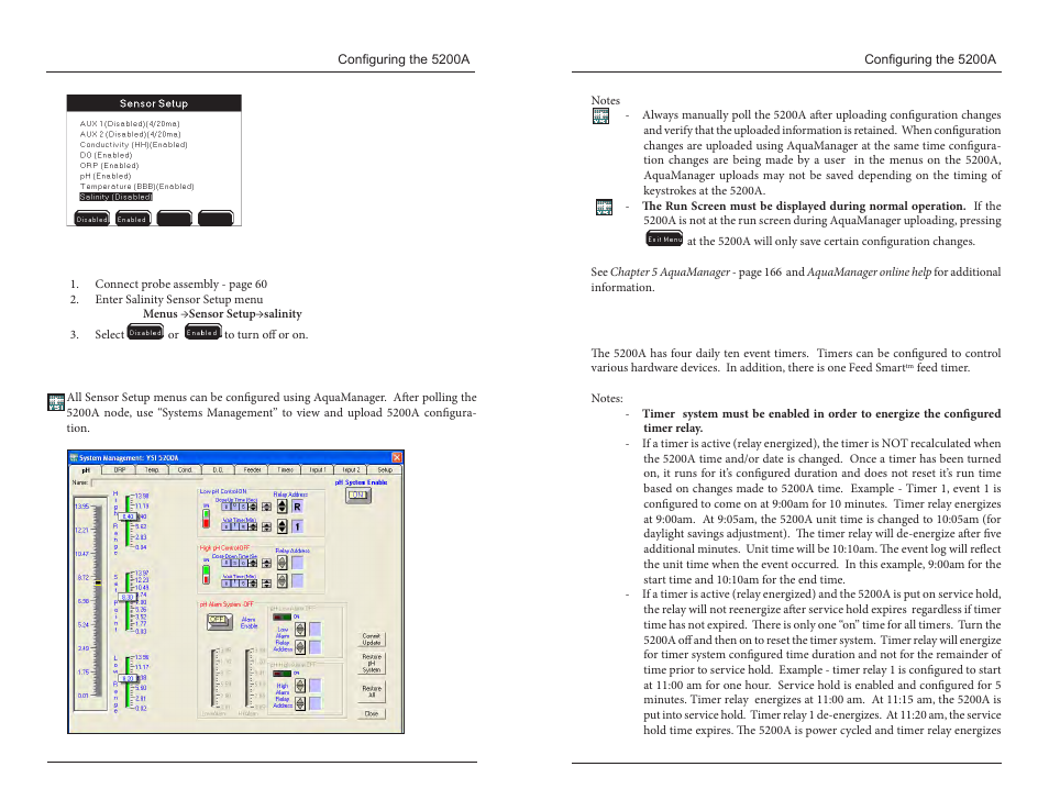 Directions to enable salinity system, Aquamanager and the sensor setup menu, Timers | YSI 5200A User Manual | Page 74 / 121